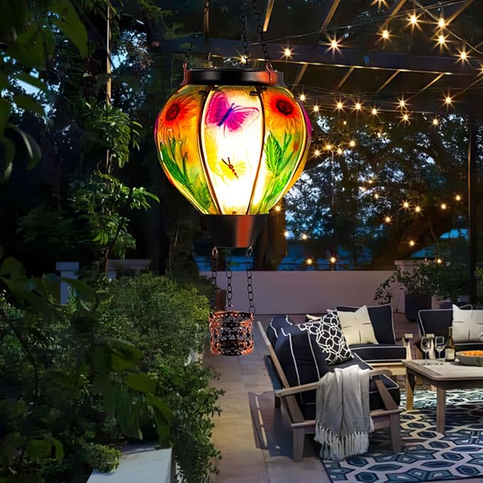 Hot Air Balloon Solar Lantern, Butterfly Solars Powered Hot Air Balloon Lantern Outdoor Waterproof, Glass Hanging Hots Air Balloons Solar Light for Outdoor Patio Garden Decor