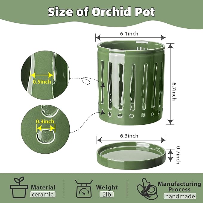 6 Inch Ceramic Orchid Pot with Large Slotted Holes, Orchid Planter for Enhanced Air Circulation, Orchid Pots with Drainage Tray, Patina