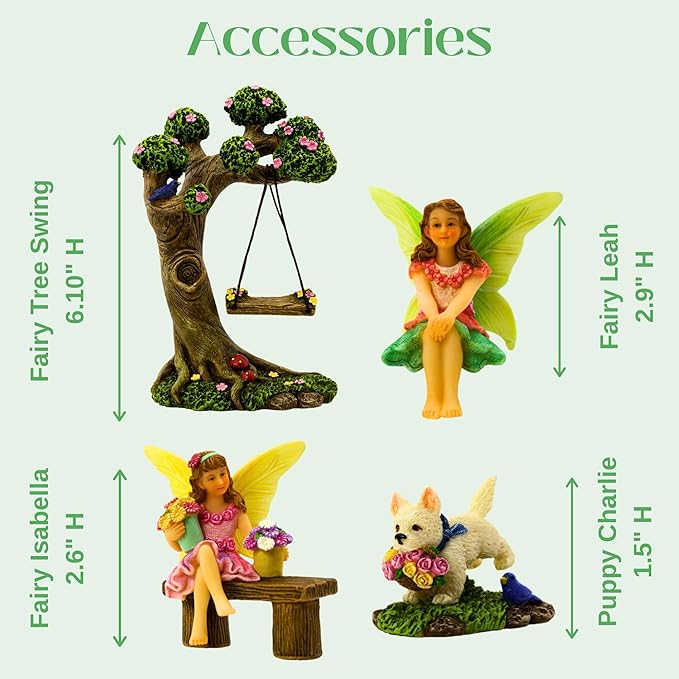 Fairy Garden Accessories Outdoor - Fairy Garden Kit with Fairies for Fairy Garden - Miniatures for an Outdoor Garden, a Fairy Tree Swing, Figurines & Puppy