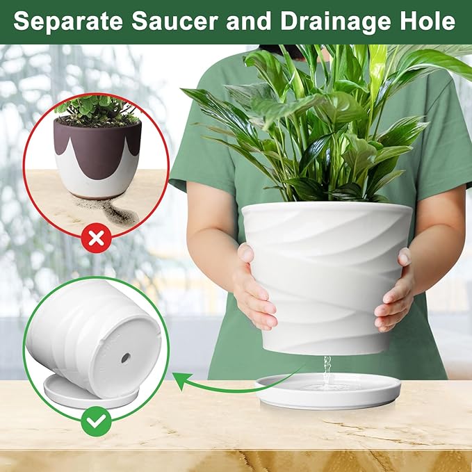 8 Inch Plant Pot, Ceramic Planter with Drainage and Saucer, Ceramic Pots for Plants, Indoor Plant pots,Succulent Orchid Flower Pot(Pure White)