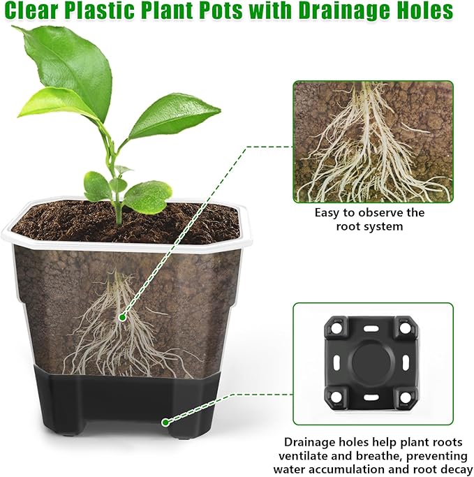 30 Packs 4 Inch Reinforced Clear Nursery Pots for Plants, Plastic Plant Pots with Silicone Base for Easy Transplant, Reusable Seedling Planting Pots Seed Starter with Drainage Holes (30, Black)