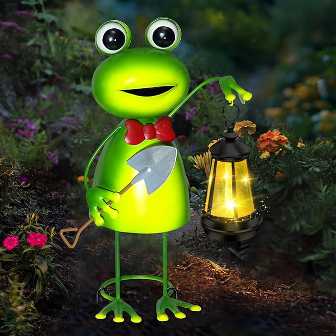 Solar Garden Lights Frog Statue with Solar Lantern lights,13.78in Frog Decoration Fairy Accessories,Birthday Gifts for Women Mom Grandma,Big Metal Decorative Stakes for Home decor,Patio,Porch,Yard Art