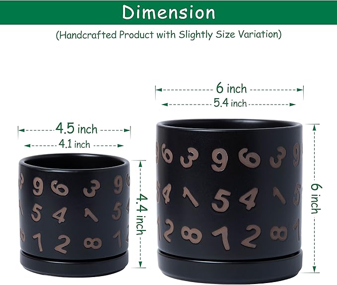 D'vine Dev Set of 2 Ceramic Planter Pots with Drainage Hole and Saucer, 4.5 Inch 6 Inch Plant Pots for Plants Indoor Houseplants, Black, 99-B-2