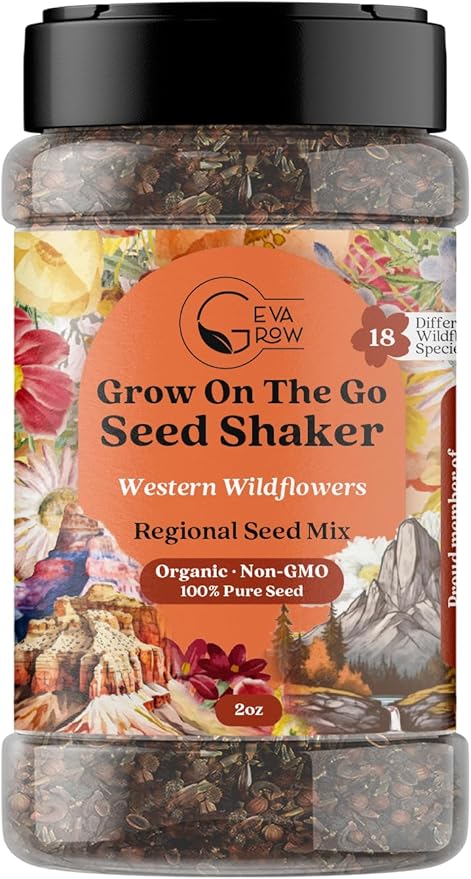 GevaGrow on the Go Seed Shaker - Western Wildflower Seeds Regional Mix - Organic, Non-GMO - 100% Pure Seed - 18 Different Wildflowers Seeds of Annual and Perennial, 2oz