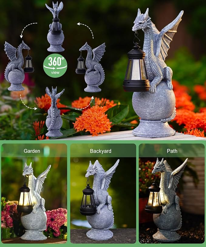 Solar Dragon Garden Statue for Outdoor Decor: Outside Sculpture Ornament for Yard Lawn Balcony Patio Porch- Unique Birthday Gift for Lover Mom Women Grandma