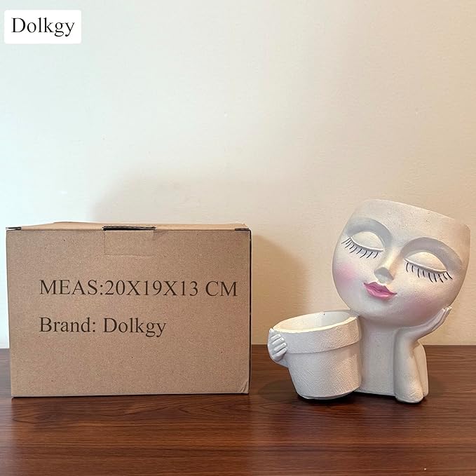 Head Planter Face Flower Pot, Dolkgy Woman Face Planter Unique White Head Planters for Indoor Outdoor Plants, Novelty Plant Pot Cute Lady Head Vase with Drainage Hole for Home Garden Succulents Cactus