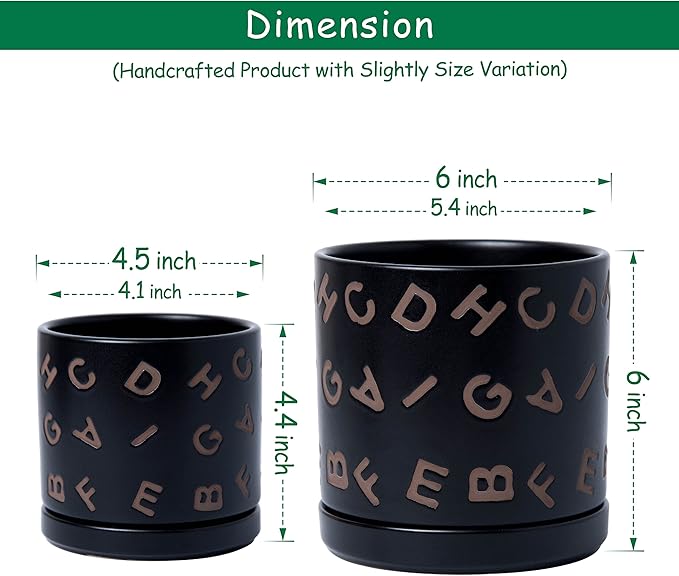 D'vine Dev Set of 2 Ceramic Planter Pots with Drainage Hole and Saucer, 4.5 Inch 6 Inch Plant Pots for Plants Indoor Houseplants, Black, 99-G-2