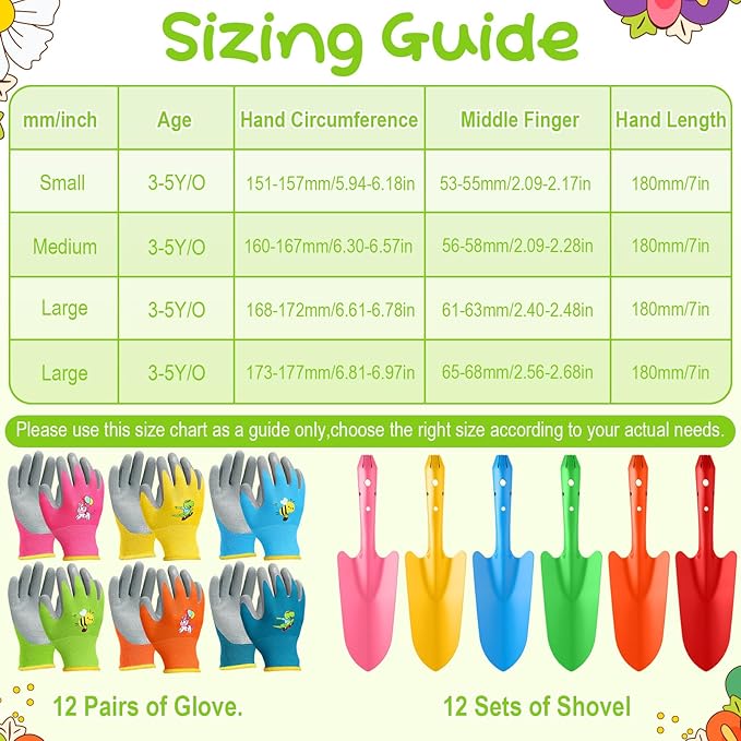 Gisafai 24 Pcs Mini Colorful Metal Hand Shovel and Glove Set Shovel Spade Gloves Digging Trowel Set Kids Gardening Gloves 12 Pcs 11 x 3 Inch