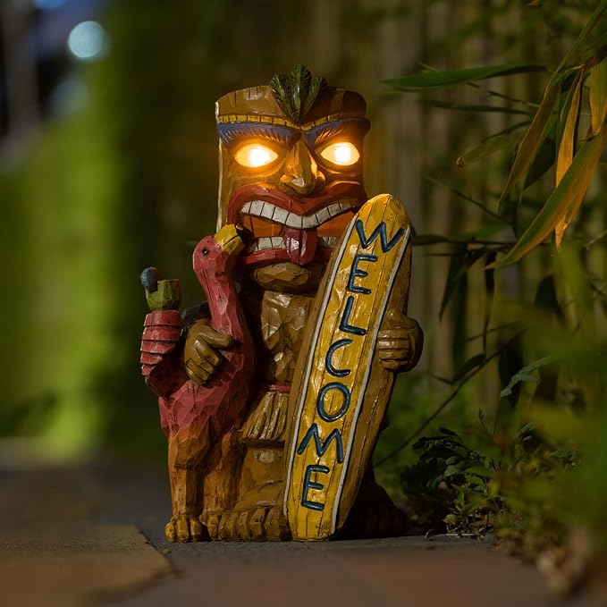 Welcome Tiki Statue with Surfboard Flamingo-Solar Outdoor Decor - Tiki Man with Automatic Switch On Flickering Eyes LED Light for Tiki Bar Decorations, Patio, Balcony, Yard,Lawn,Gifts