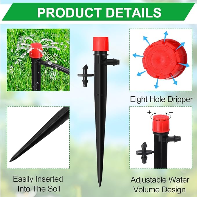 32 Pcs Drip Irrigation Emitters Drip Emitters for 1/4 Inch Tubing Irrigation Drippers Sprayer 360 Degree Water Flow Drip for Garden Flower Bed Irrigation System (Red and Blue,Double Hook)