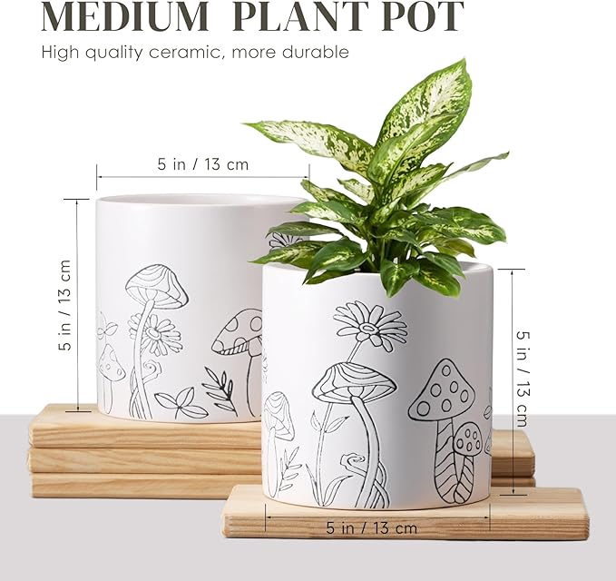 Mushroom Ceramic Plant Pot Set of 2, 5 Inch Modern Stylish White Round Flower Pots with Drainage Holes, Planter Decor for Indoor-Outdoor Plants Spider Plant, Pothos, Gift for Woman and Friends