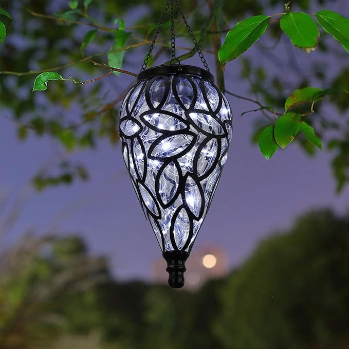 Outdoor Plastic Solar Hanging Lantern, 15 Cool White LEDs Twinkle Effect Tear-Shaped Hanging Lantern Decor Garden Decorative Solar Lights for Backyard, Patio and Lawn