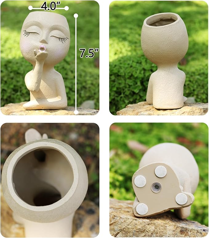 Cute Head Planter Pot/Face Planters for Indoor Plants,with Drainage Hole,Girl Face Flower Pot Cute Lady Head Planters Pot for Indoor Outdoor Plants,Cute Resin Succulent Planter (Khaki)