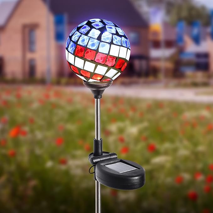 WNP Solar Powered Outdoor Garden Light Stakes Decoration,Mosaic Globe 4th of July Stake Solar Light Garden Decor,Solar Glow Glass Ball Lights Waterproof Decor Light for Patio Pathway,Yard