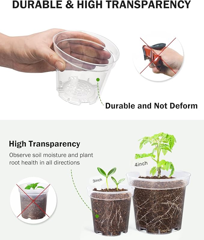 homenote Clear Nursery Pots for Plants,4 Inch Plant Pot for Planting Plastic Seedling with Drainage Holes Seed Starter Flower High Transparency with 20 Labels (60 Pack)