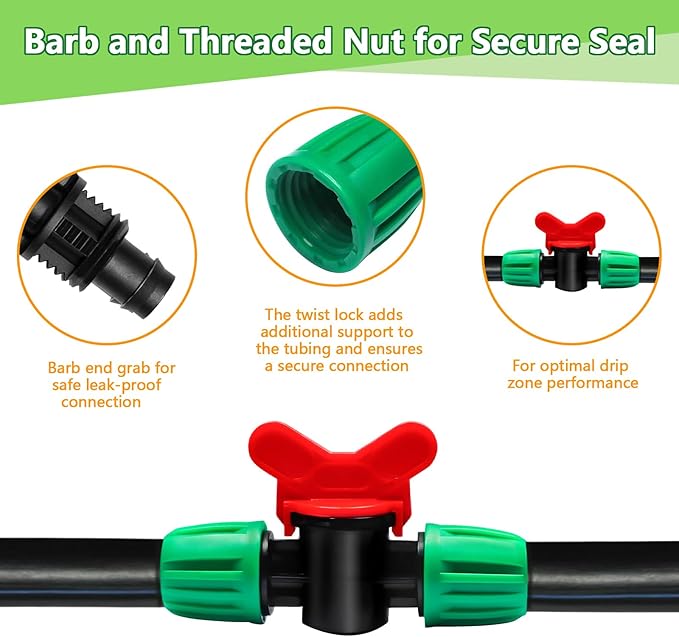 12 Pack 1/2 Inch Drip Irrigation Shut Off Valve (1/2" ID x 0.65" OD), Drip Line Irrigation Locked Barbed Control Valve for 1/2'' Irrigation Tubing Anti Leak Irrigation System Valve Fittings