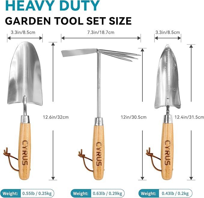CYRUS Garden Tool Set,3 Piece Garden Shovel,Includes Hand Trowels, Transplanting Shovel and Hand Rake with Ash Wood Handle for Planting, Weeding, Maintaining Lawns and Gardens