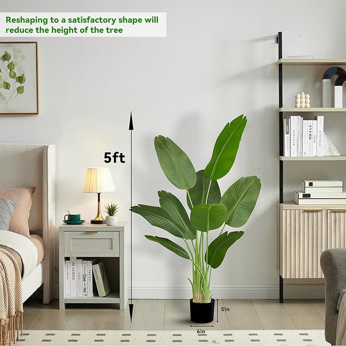 Lifelike Bird of Paradise Silk Artificial Plant Faux Banana Leaf Tree for Home Decor - Perfect Indoor Floor Plant with 9 Trunks (1, Black Planter, 5 FT)