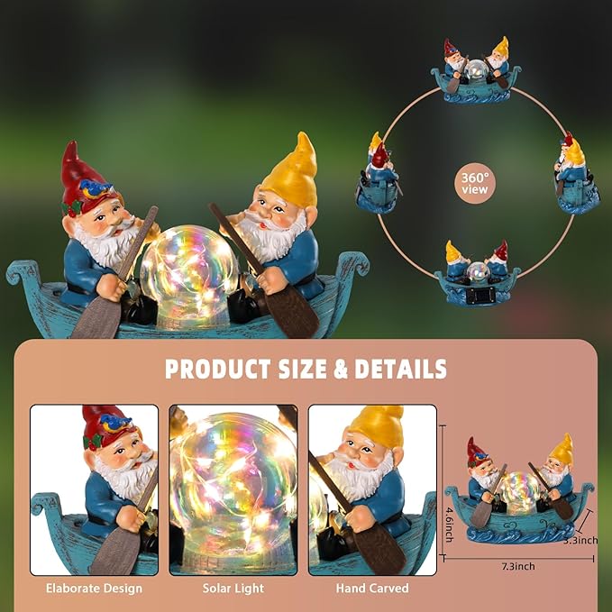 Solar Gnome Boating Garden Statues with Ball Light 4.6" Resin Gnomes Figurines Decorations for Yard Patio Lawm Porch Balcony Funny Housewarming Birthday Gardening Gifts for Women Moms