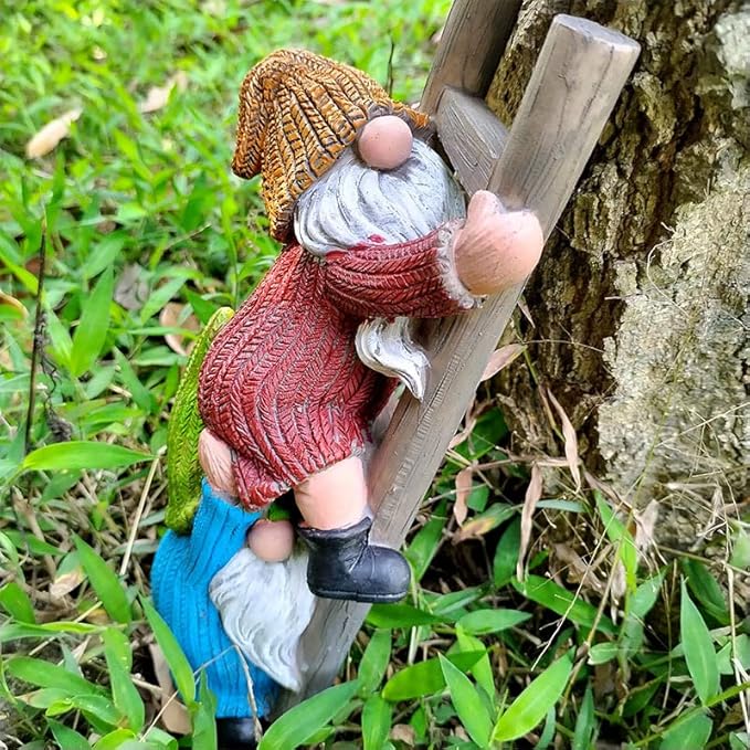 Garden Gnome Statue, Funny Climbing Ladder Gnomes Figurine Resin Sculpture Outdoor Decor for Patio Yard Lawn Porch Ornaments Gift
