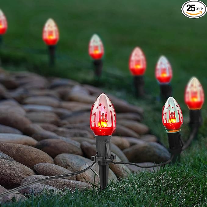 38Ft Outdoor Halloween Decorations Pathway Lights, C9 Flickering Flame Pathway String Lights with 25 Stakes Lights, Plug in Halloween Walkway Light Waterproof for Lawn Yard Sidewalk Garden
