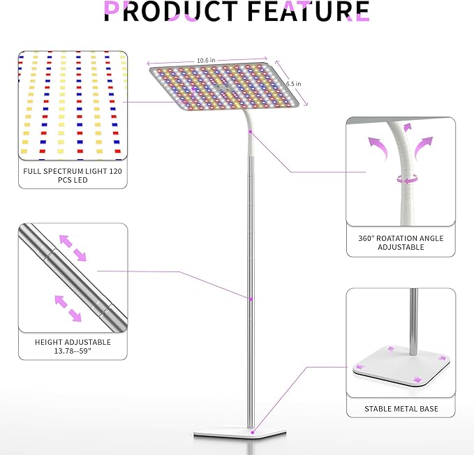 BESTVA 36W Grow Lights with Stand, Full Spectrum LED Plant Light, 12-59 Inch Height Adjustable Growing Lamp with Auto On/Off Timer 4H/8H/12H, 4 Dimmable Brightness