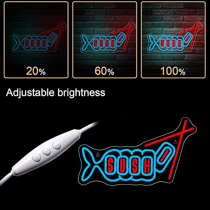 WLHOPE Sushi Fish Neon Sign Neon Signs for Wall Decor Dimmable Sushi Blue Pink Neon Lights LED Sign for Sushi Shop Restaurant Hoom Kitchen Party