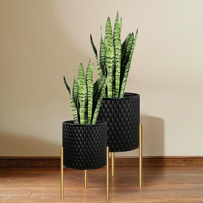 ARNIS Plants Pots with Stand, Large Size Flower Pots, Set of 2 Unique Mid Century Decorative Metal Flower Pots with Drainage,10.5&12.25 Inch, Black