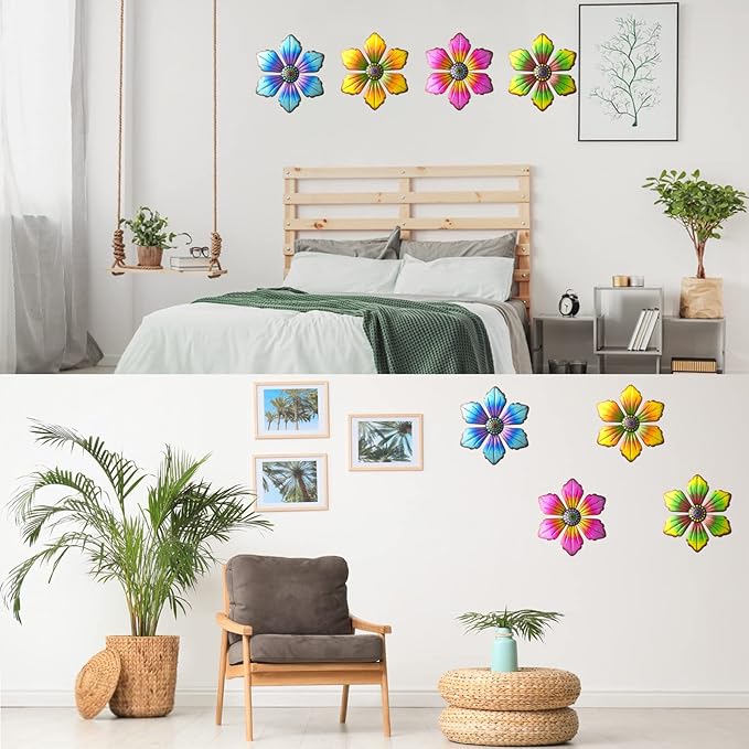 Gooyule Metal Flower Decor, 4-Pack Metal Floral Wall Decor 7 * 6.3 in Colorful Flower Wall Art Indoor Outdoor Hanging Wall Decor Set for Home Office Garden Yard
