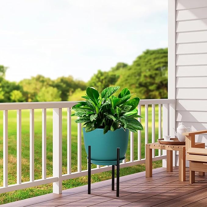 12inch Large Plant Pot, Modern Plastic Planter with High Driange Holes and Saucer for Indoor Outdoor Garden Plants and Flowers, Black with Green Speckles