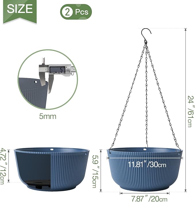 T4U 12 Inch Large Hanging Planters for Outdoor Plants, 2 Pack Self Watering Hanging Pots Indoor, Hanging Baskets for Plants,Hanging Flower Pot with Drainage Hole and Plant Hanger, Blue