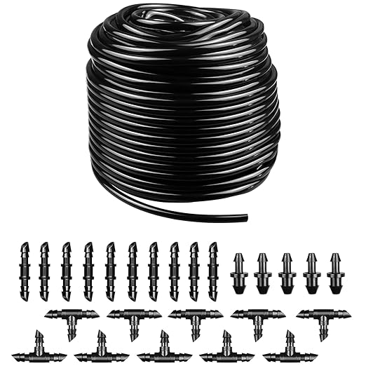 Gardrip 100 Feet 1/4 Inch Drip Irrigation Tubing Kit with 25 Pcs Drip Irrigation Parts: 100 FT Drip Line Distribution Hose with 10 Couplings 10 Tees 5 Plugs for Garden Irrigation Systems