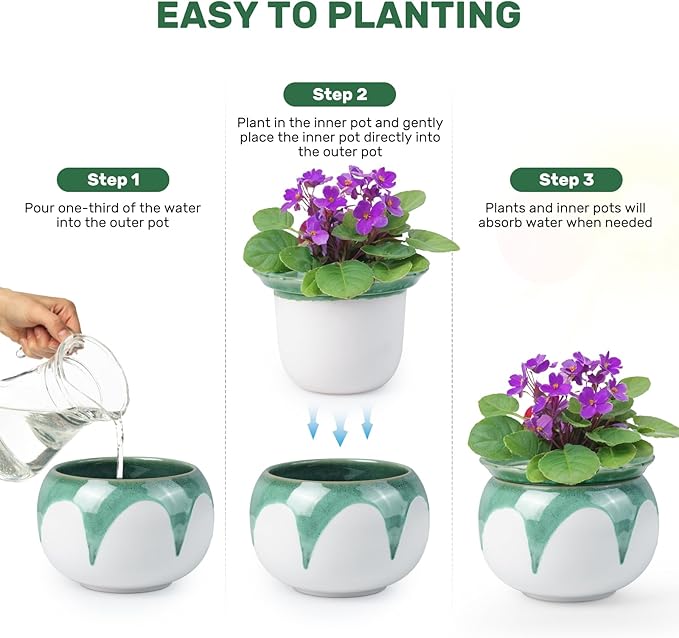 Self Watering Pots for Indoor Plants, 6 Inch African Violet Pots, Easy Plant Self Watering Planter, Ceramic Plant Pot with Absorbent Inner Pot for Flowers,Flower Pots - Gradient Green