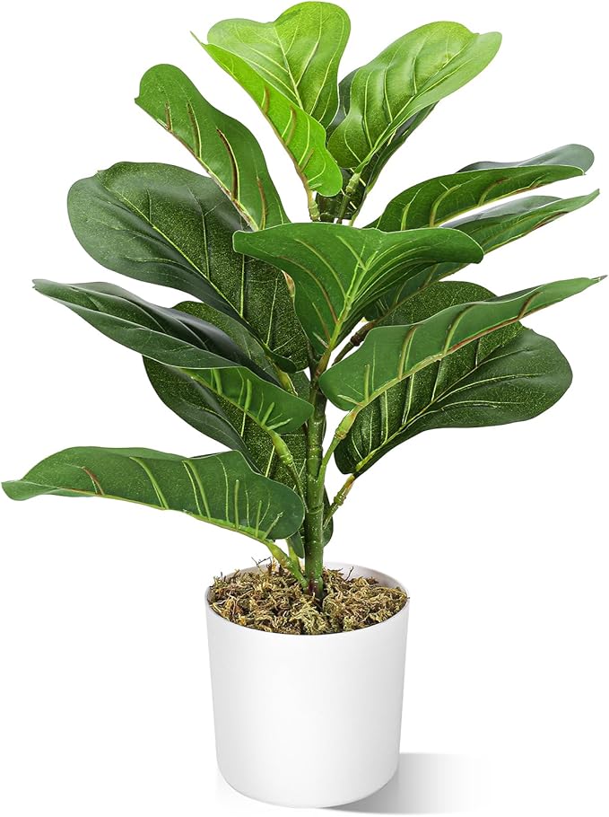 HUAESIN 18'' Artificial Fiddle Leaf Fig Tree Table Top Faux Ficus Lyrata Artificial Plants with 14 Leaves Potted Greenery Fake Plants for Home Office Living Room Balcony Indoor Modern Decoration