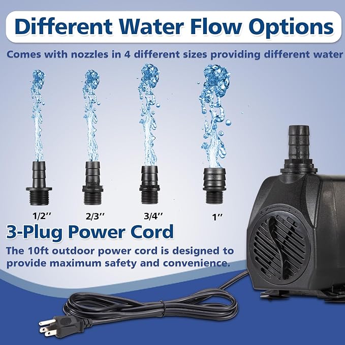 Submersible Water Pump, 660GPH 45W Ultra Quiet Fountain Pump (2500L/H), with 4 Nozzles 8.2ft High Lift for Aquarium, Fish Tank, Pond, Waterfall, Outdoor, Statuary, Hydroponics