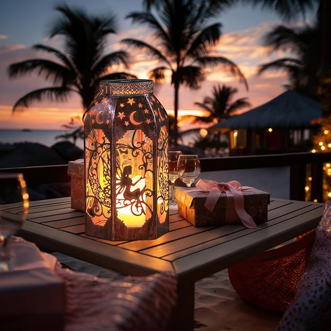 Solar Lanterns Outdoor Hanging Metal Bronze Moon Fairy Lantern, 1 Pack Waterproof Flickering Flameless Candle Mission Lights for Table,Pathway,Garden Gifts for Women, Mothers' Day Gift