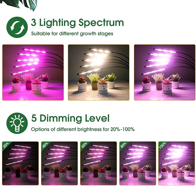 wolezek Grow Lights for Indoor Plants, Full Spectrum LED Plant Grow Light with Adjustable Stand and Sturdy Clip, 5-Heads Plant Light with Auto 6/12/16H Timer, 3 Light Modes, 5 Levels Dimmable