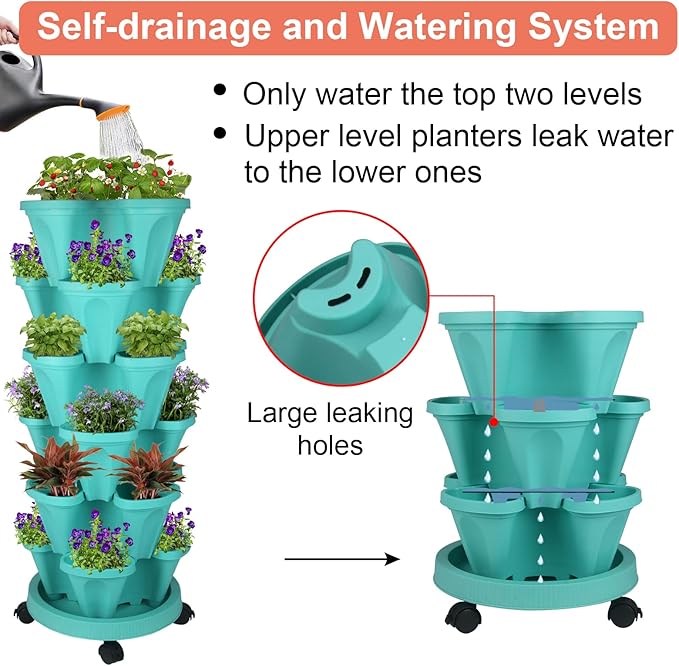 Vertical Planter 6 Tier Stackable Planters Garden Planters Strawberry Herb Flower and Vegetable Planter Indoor Outdoor Gardening Pots with Removable Wheels and Tools