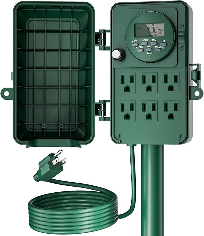 BN-LINK 7 Day Programmable Outdoor Power Stake Timer, 6 Outlets, 6FT Extension Cord Waterproof, Ideal for Outdoor Christmas Decorations & Garden, ETL Listed