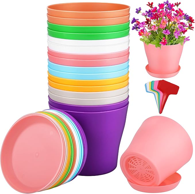 16 Pack 5.5 Inch Plastic Planters Assorted Flower Plant Pots Seedling Nursery Pots with Tray, Outdoor Indoor Plants for Seedling, Transplanting, Cutting, 8 Colors