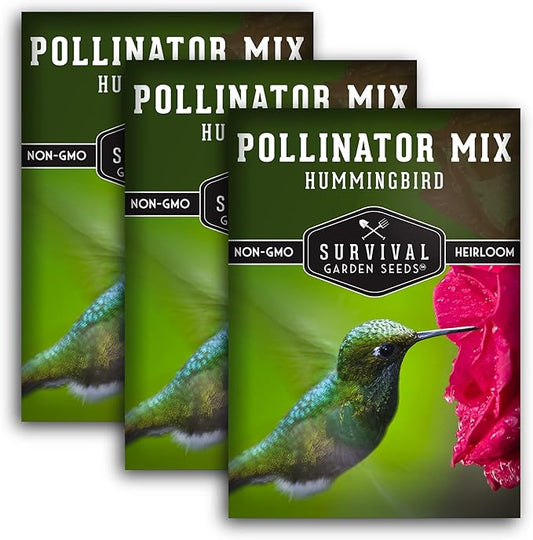 Survival Garden Seeds - Hummingbird Pollinator Mix Wildflower Seed for Planting - 3 Packs with Instructions to Plant & Grow Nectar Flowers in Your Home Vegetable Garden - Non-GMO Heirloom Varieties