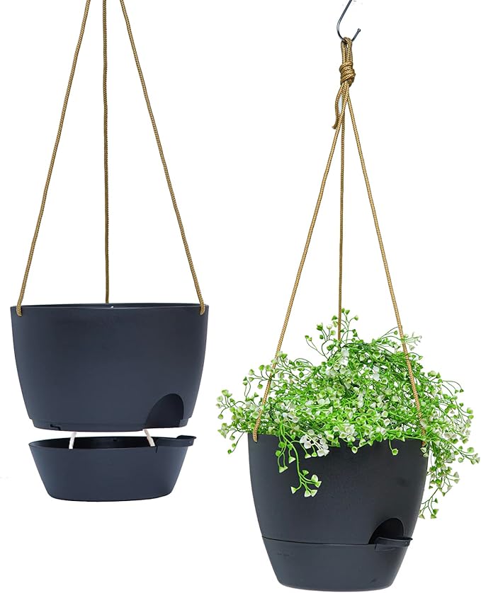 10 Inch Self Watering Hanging Pots, 2 Pack Hanging Planters with 40oZ Deep Reservior for Indoor Outdoor Plants Flowers, Black