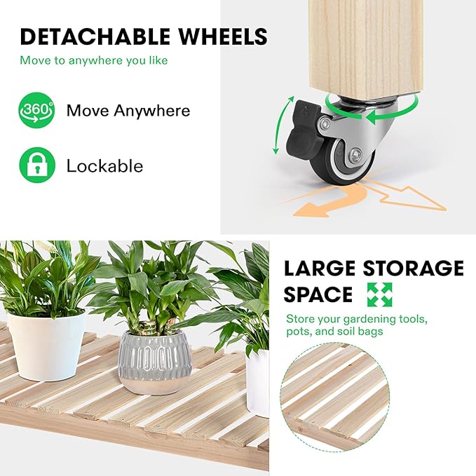 VIVOSUN Elevated Wooden Raised Garden Bed, 46 x 24 x 32 Inches, Mobile Outdoor Planter Box with Storage Shelf and Protective Liner for Outdoor Use, with Lockable Wheels