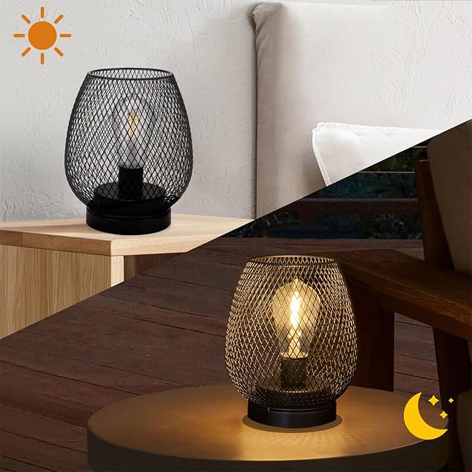 2 Pack Battery Operated Lamp Outdoor Table Lantern,Metal Cage Cordless Lamps with LED Bulb for Weddings Parties Patio Events Indoor Outdoor Patio Bedroom Living Room（Black