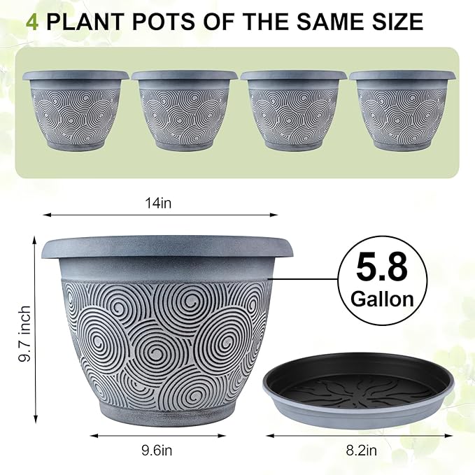 14 Inch Large Planter Pot for Plants Indoor Outdoor, 4 Pack Plastic Flower Pots with Drainage Hole & Tray, Modern Decorative Garden Pot with Saucer, Plant Container for House