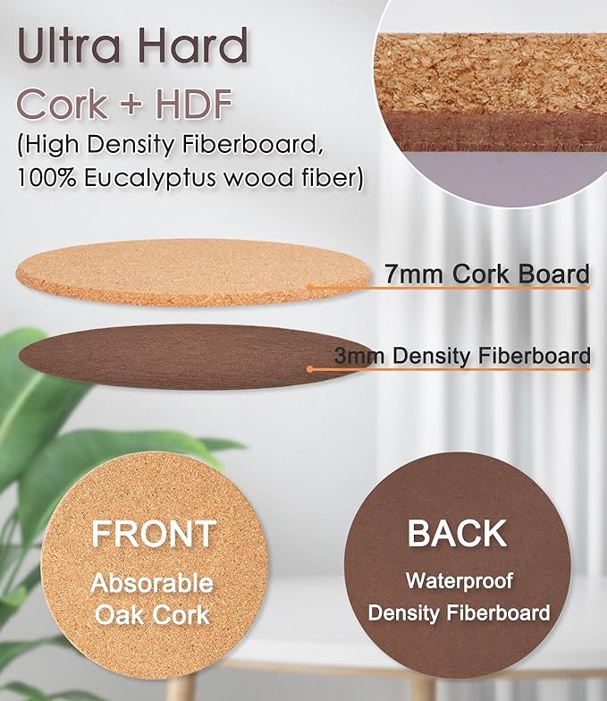 Cork Plant Coasters, Double Layers Hard Thick Cork Planter Coaster, 6 Inch Absorbent Cork Plant Mats, Cork Trivets for Hot Dishes, Cork Plant Coasters for House Plants, 4 Pcs