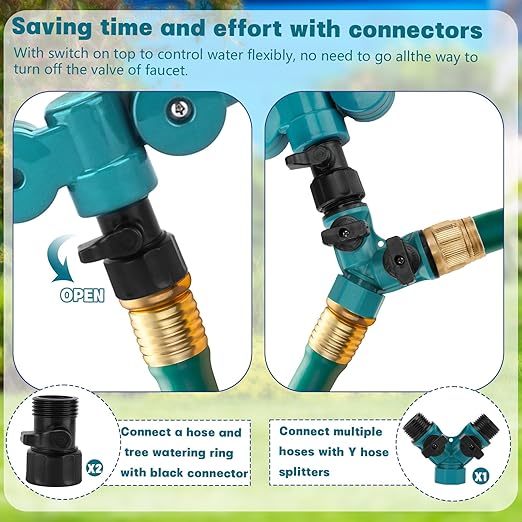 2Pcs 360° Tree Water System Tree Watering Ring 20 Inch Circle Sprinkler and Irrigation System Targeted Water with Y Hose Splitter for New Tree Outdoor Plants Raised Garden Beds Shrubs (Green, Large)