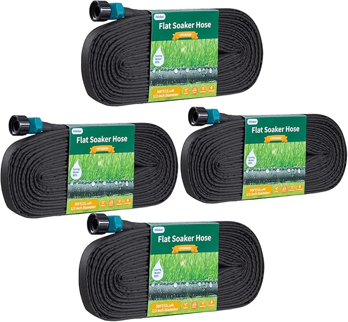 Flat Soaker Hose 50 200 FT for Garden Beds, 200FT 1/2" Linkable Consistent Drip Irrigation Hose Save 80% Water, Leakproof Heavy Duty Double Layer Sprinkler Hose