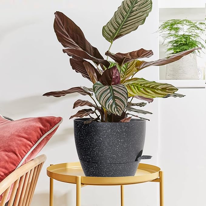 WOUSIWER 10 inch Self Watering Planters, 2 Pack Large Plastic Plant Pots with Deep Reservior and High Drainage Holes for Indoor Outdoor Plants and Flowers, Speckled Black