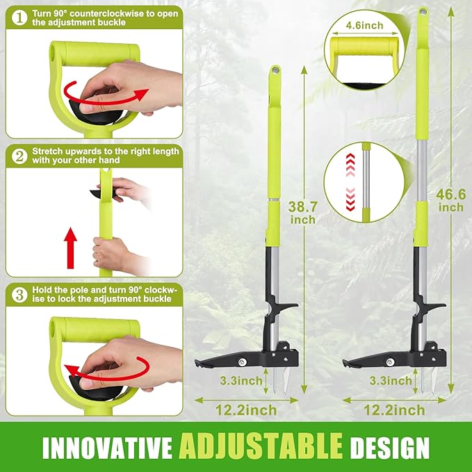 4-Claw Weed Puller Tool All-in-one with Long Handle Adjustable 39" to 47",Stand Up Weed Puller Tool for Yard, Gardening Weeding Tool Stainless Steel Claws, (No Assembly)